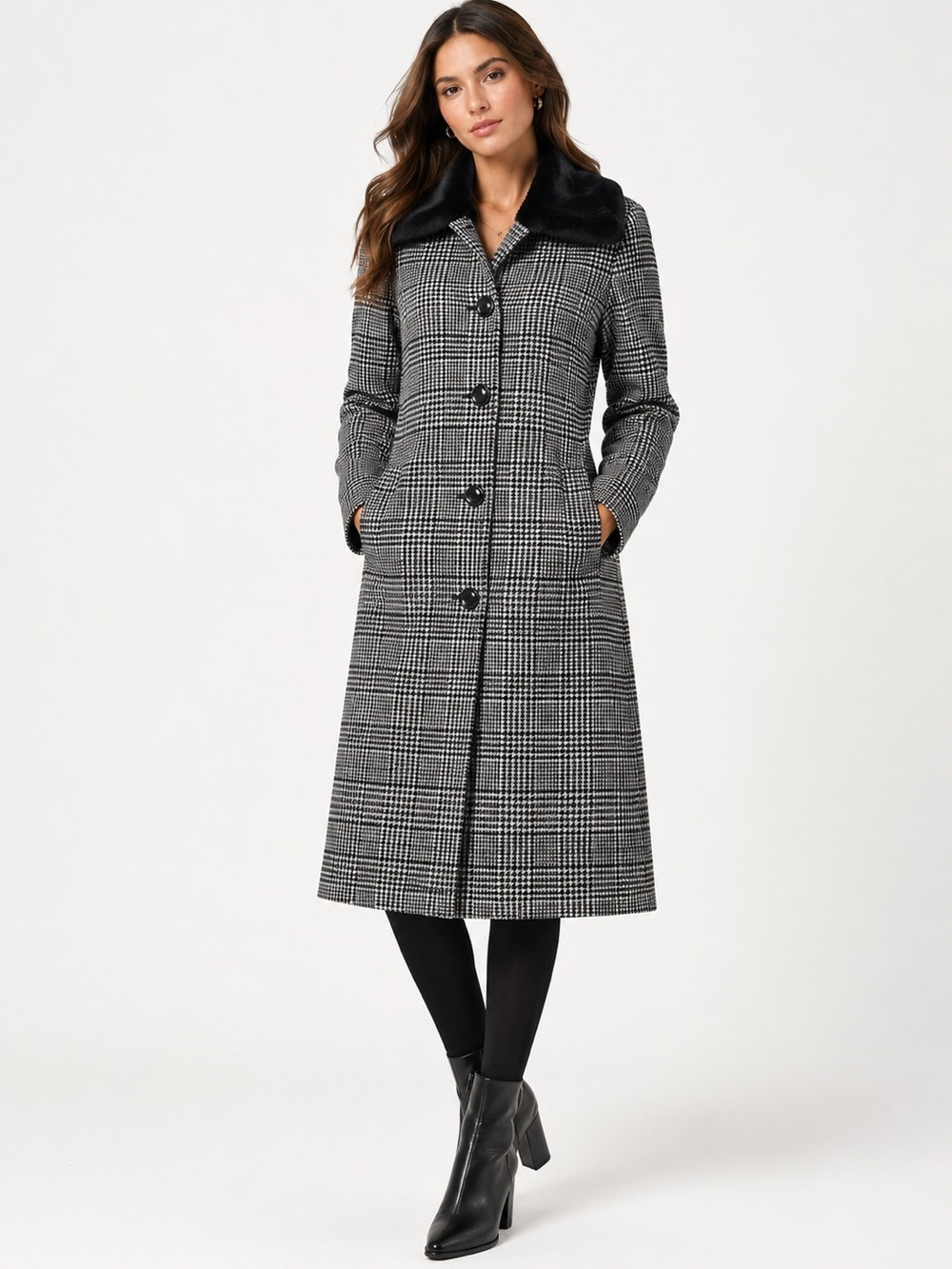 Cinzia Rocca Icons Black & White Glen Plaid Long Coat with Faux Fur Collar
